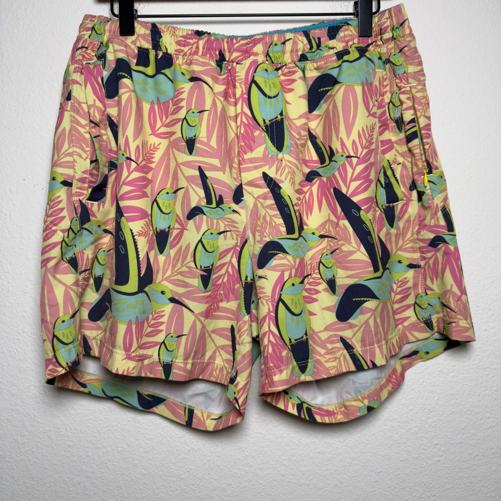 Birddogs Mens Shorts XL Pink Yellow Hummingbird Print Lined Zipper Pockets